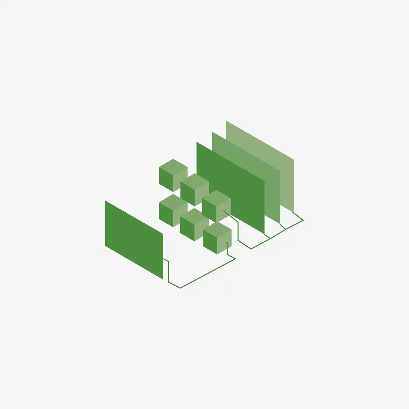 An abstract graphic showing multiple flat green rectangles and green cubes connected with lines of green wiring