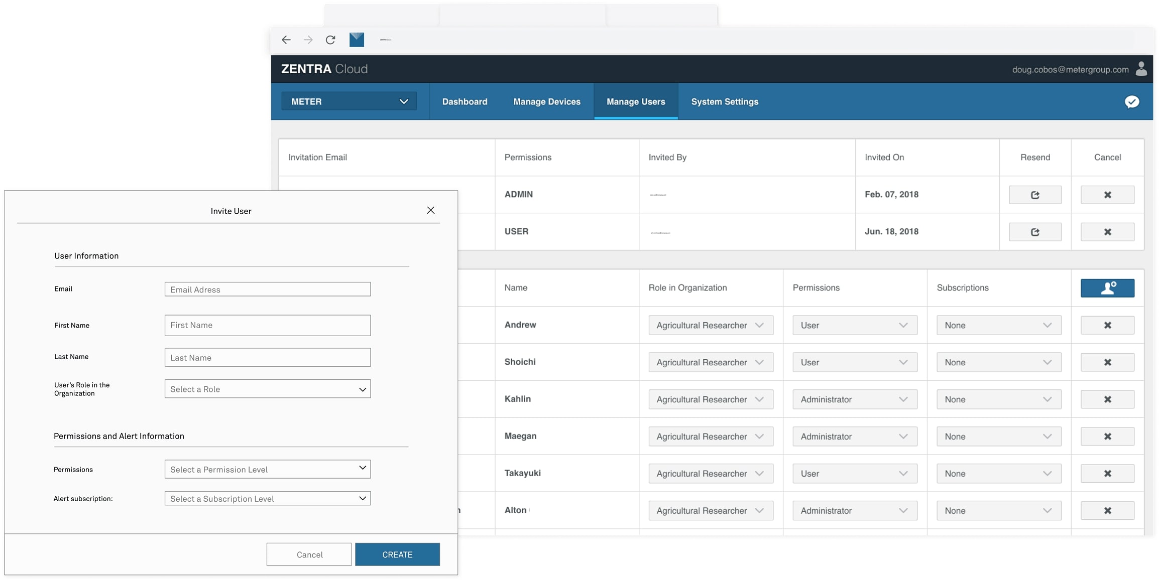 ZENTRA Invite Users Dashboard