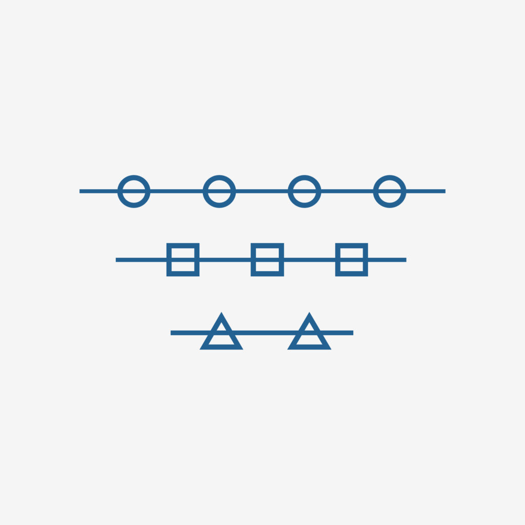 A row of 4 green circles connected with a line above a line of 3 squares connected by a line above 2 triangles connected with a line