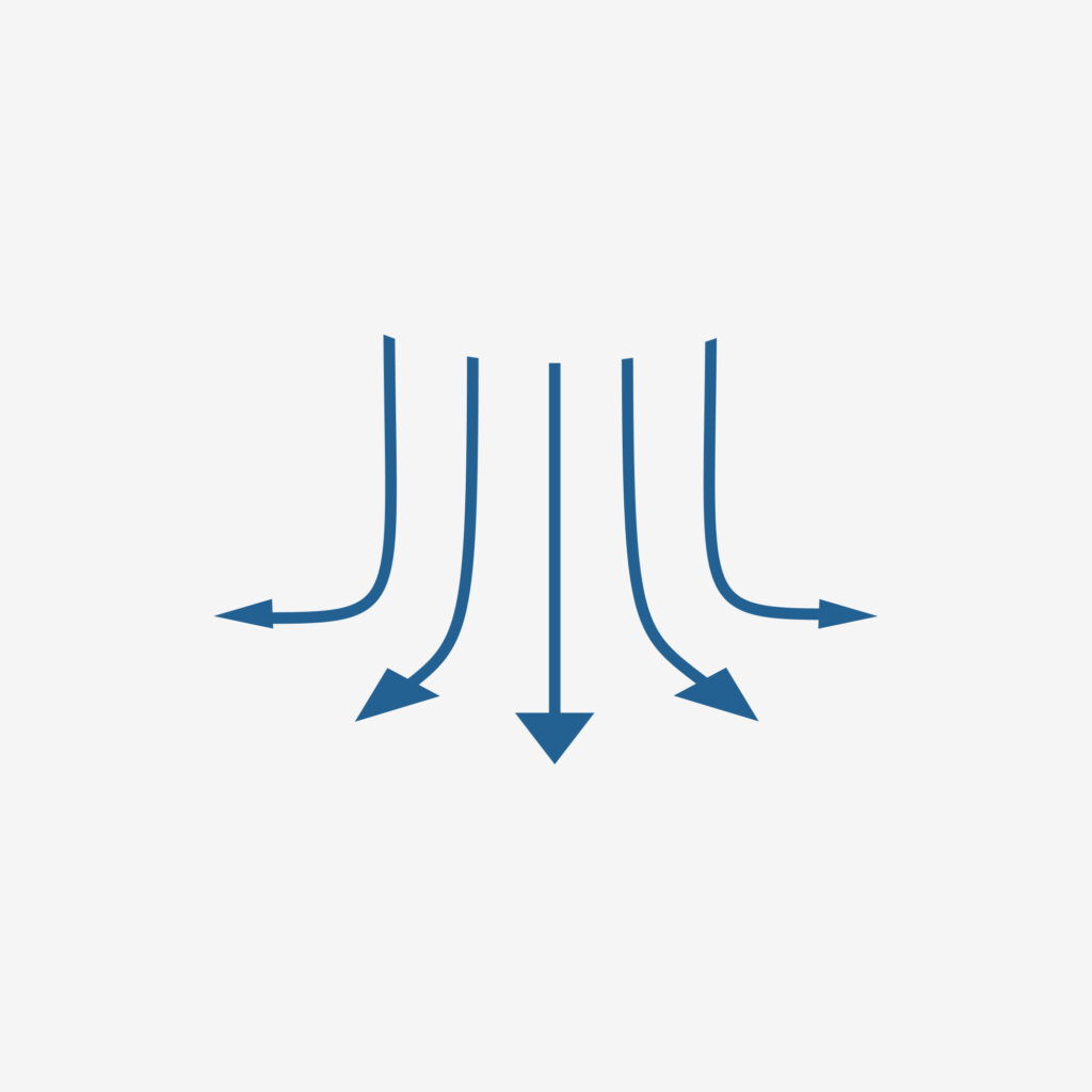 5 green arrows moving downwards and the outwards in each direction