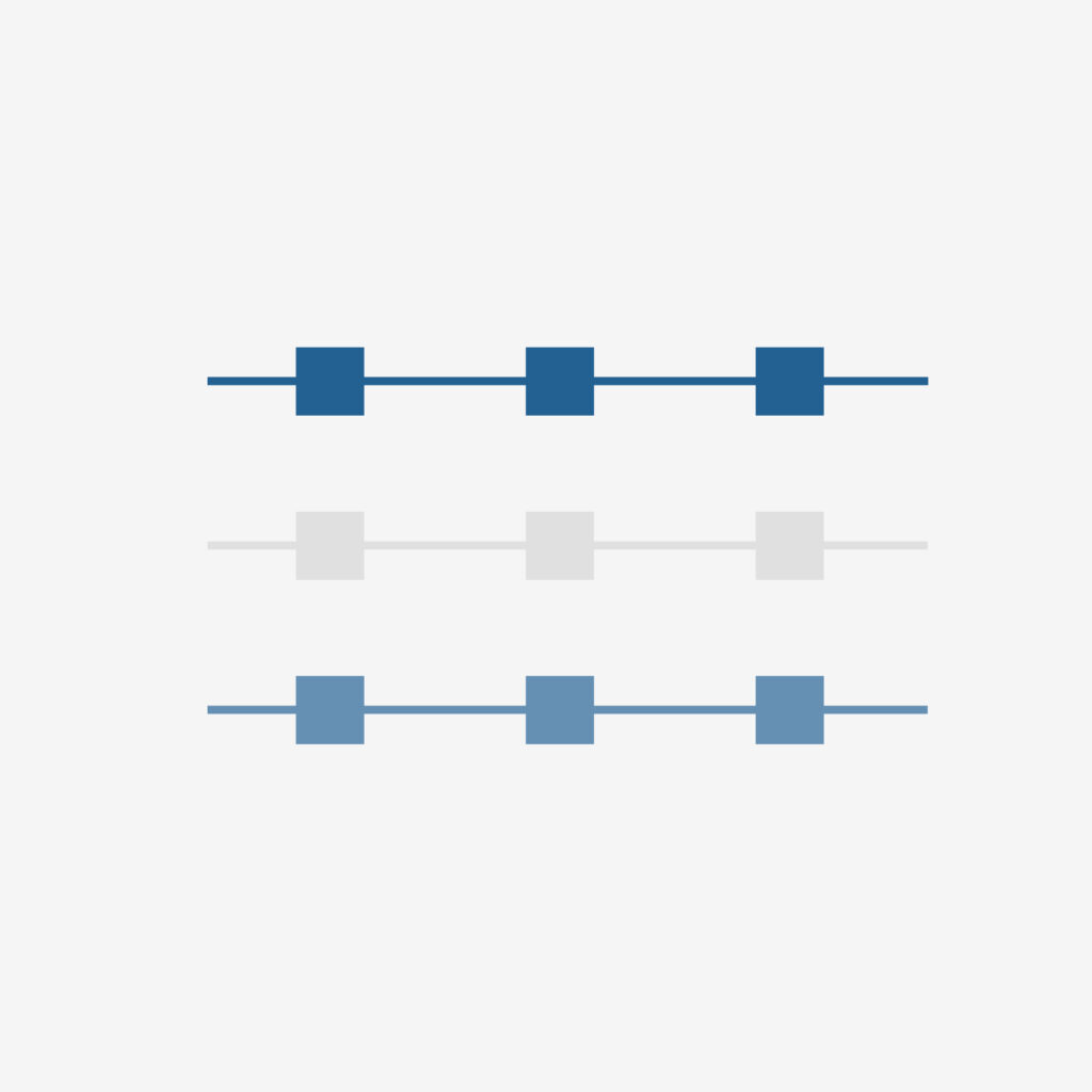 3 rows of green squares of different shades connected by lines