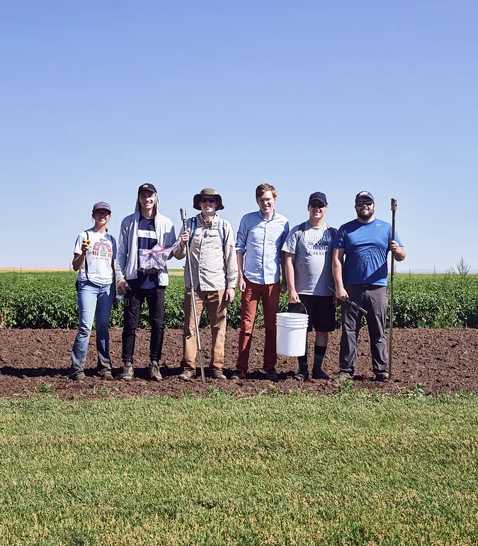 A photograph of 6 researchers standing in front of a crop planted in a field