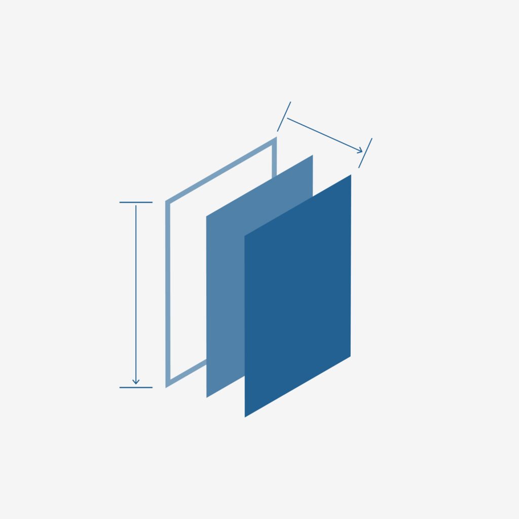 An abstract illustration of 3 green squares of different shades with measurement lines