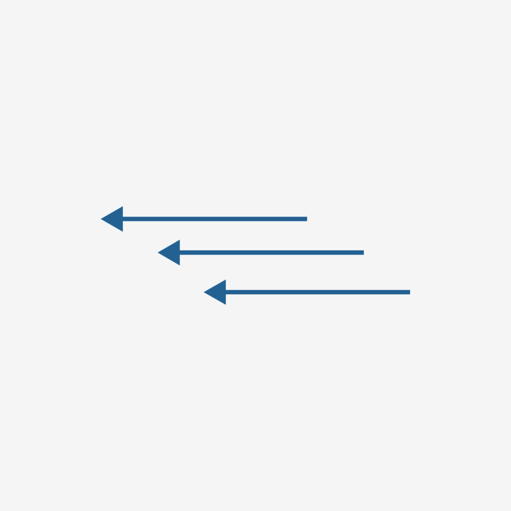 3 parallel green arrows pointing left, each offset back from the one above it