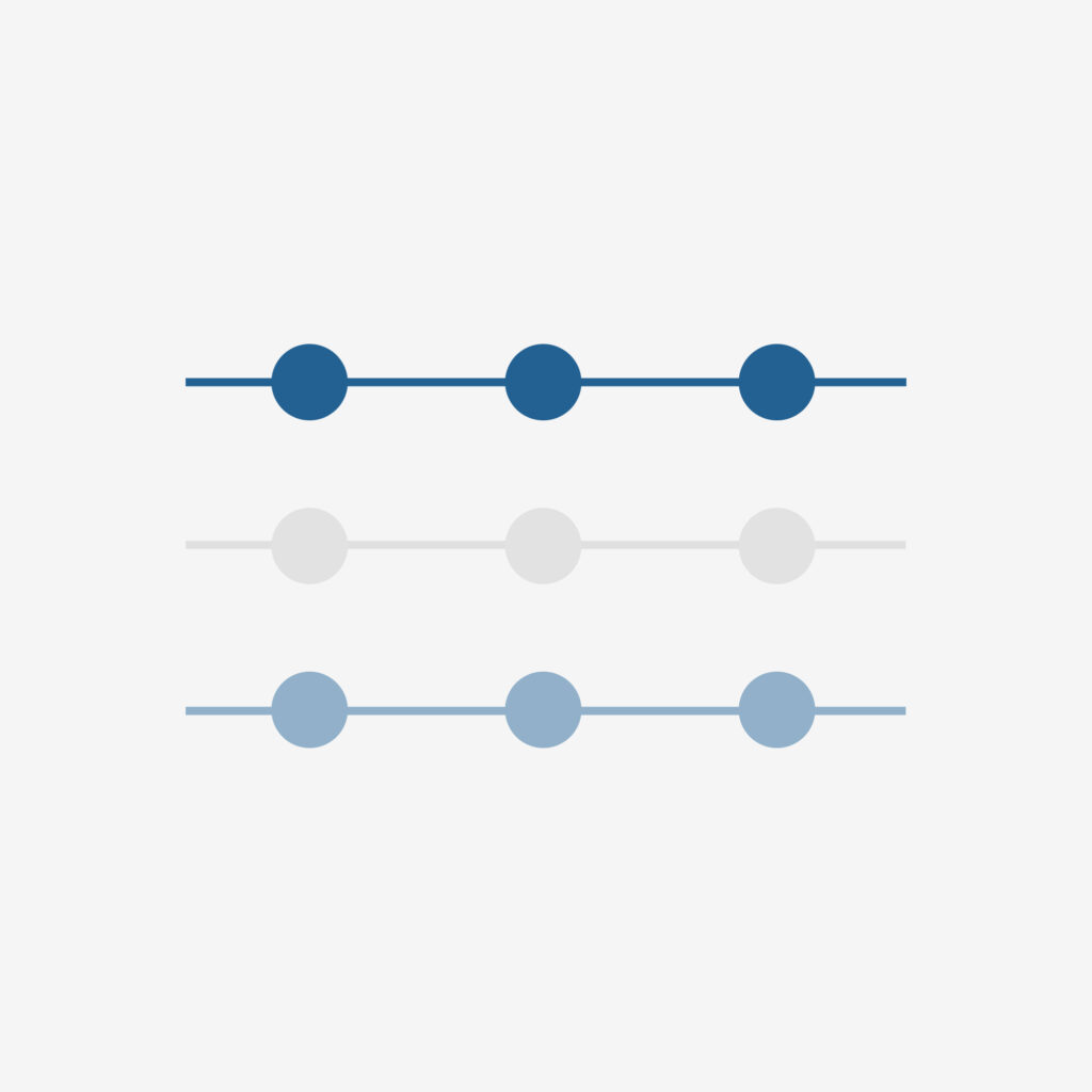 3 parallel lines in different shades of green with circles along each line