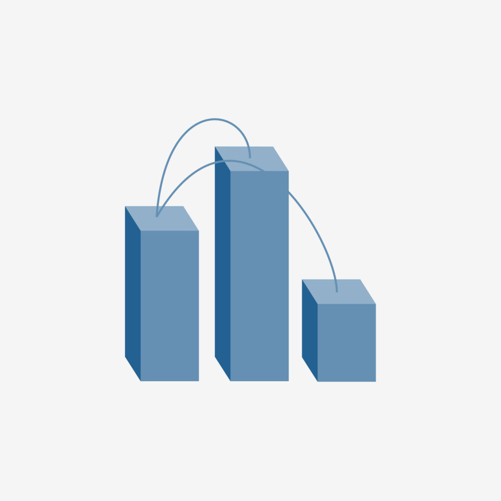 An abstract illustration of a bar graph with dotted lines bouncing off the top of each column to the next