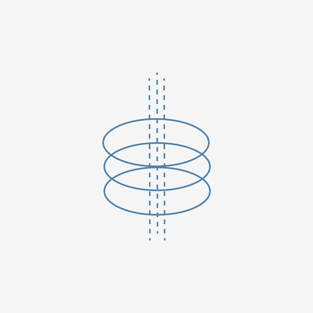 An abstract illustration of 3 hoops with 3 dotted lines passing through the middle
