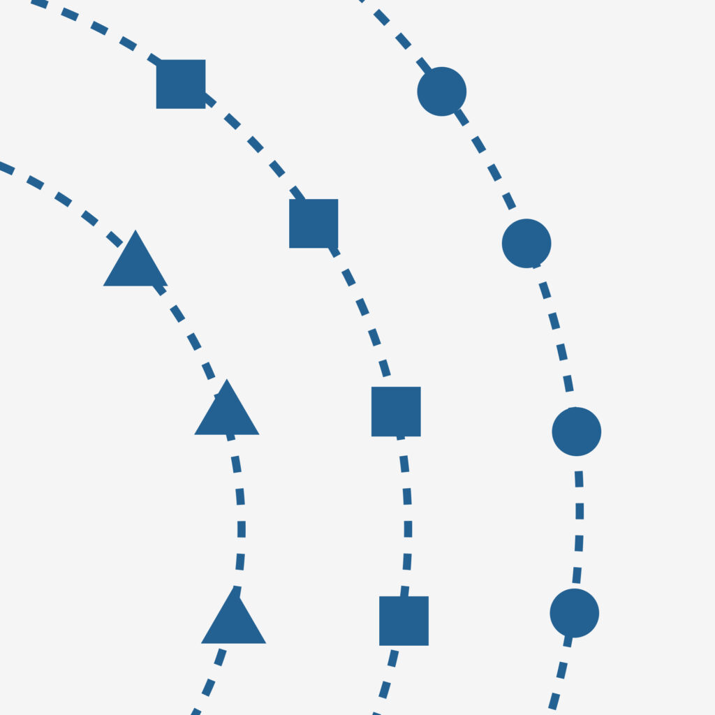 3 curved green dotted lines each studded with triangles, squares, and circles