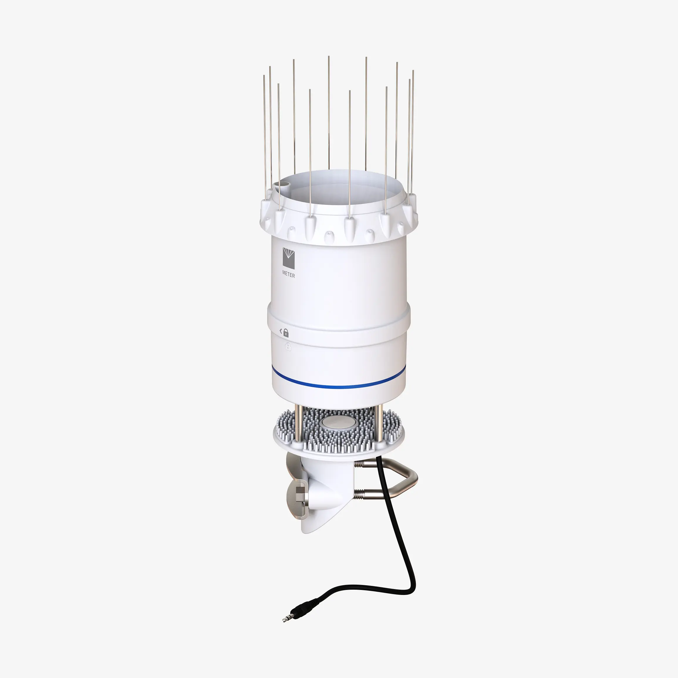 A photograph of an ATMOS 41 weather station with bird spike ring
