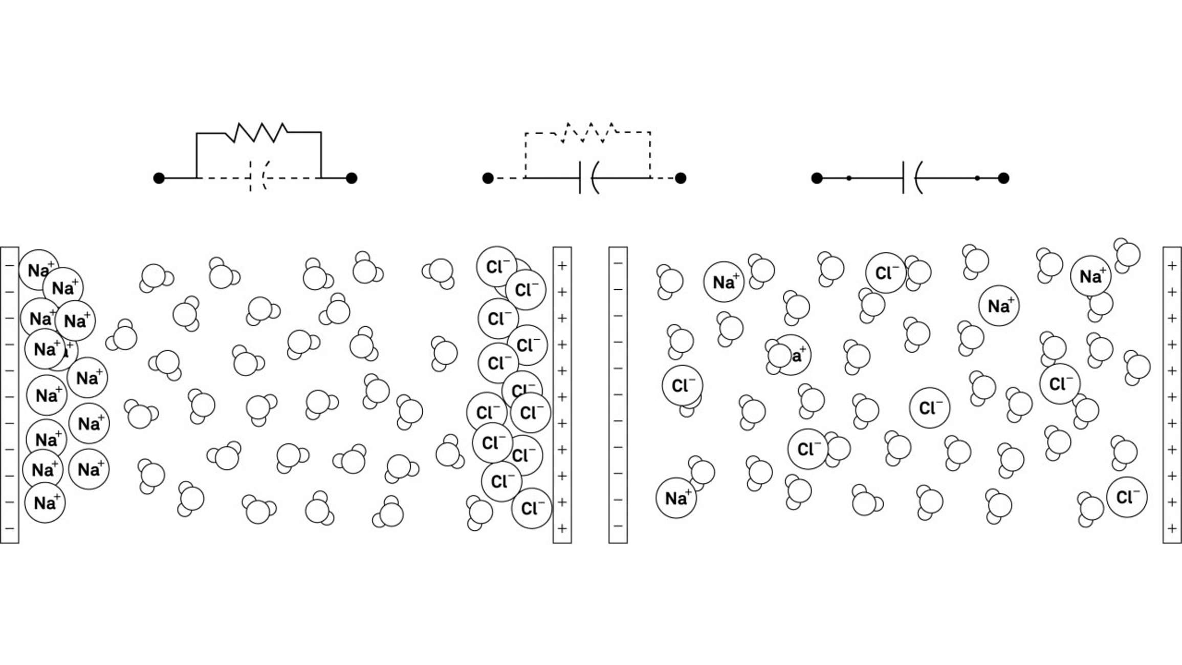 A diagram of what happens to the ions with a resistance sensor and a dielectric sensor