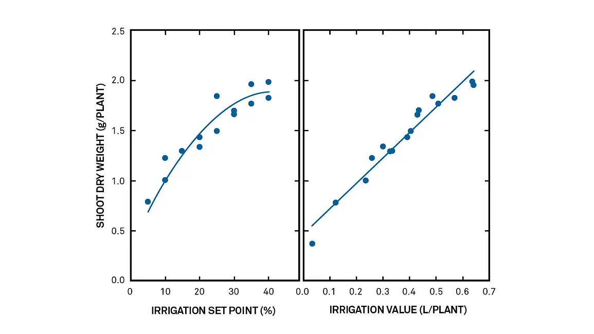 A graph showing the effect of the substrate water content (left) and the total irrigation volume (right) on the dry weight of petunias. Controlling irrigation by controlling the substrate water content proved to be an effective way to control plant growth