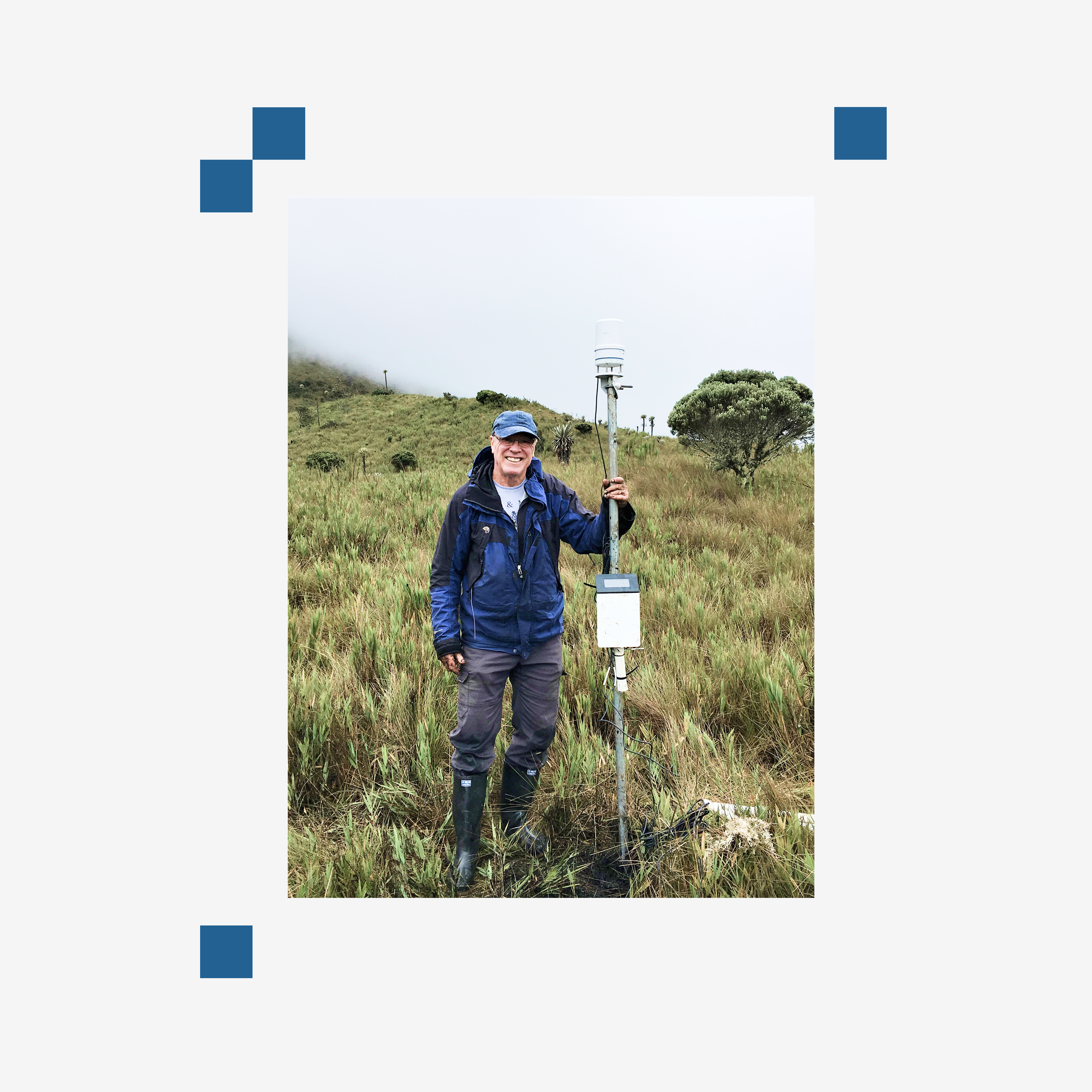 Ecohydrology researcher, Niall McCartin, standing in a field next to the ZL6 Data Logger and an ATMOS 41 Weather Station