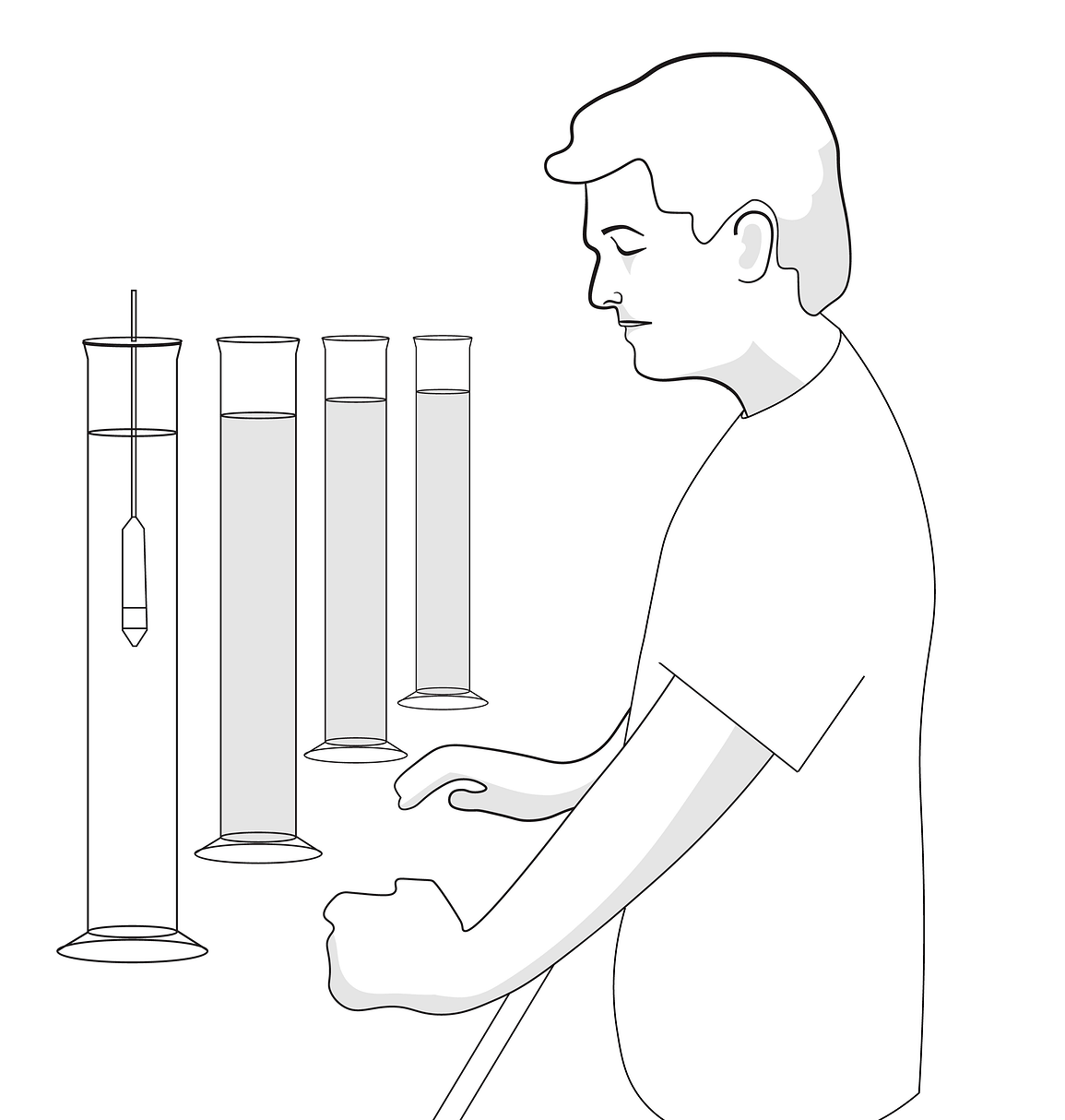 An illustration of a researcher watching for measurement readings using the hydrometer method is a manual, time-consuming process that can be prone to error.