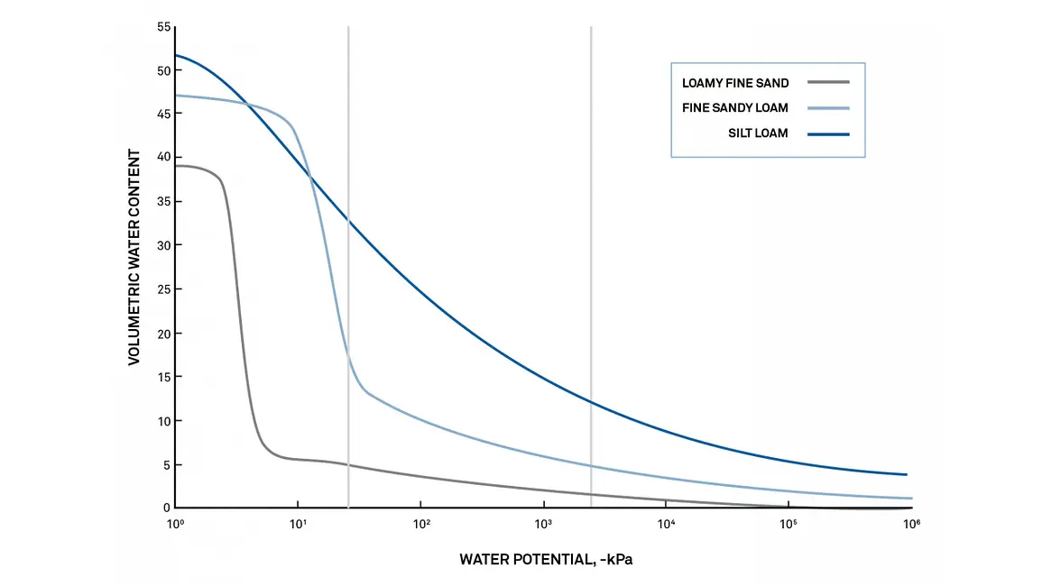 A graph showing soil water retention curves for three different soil