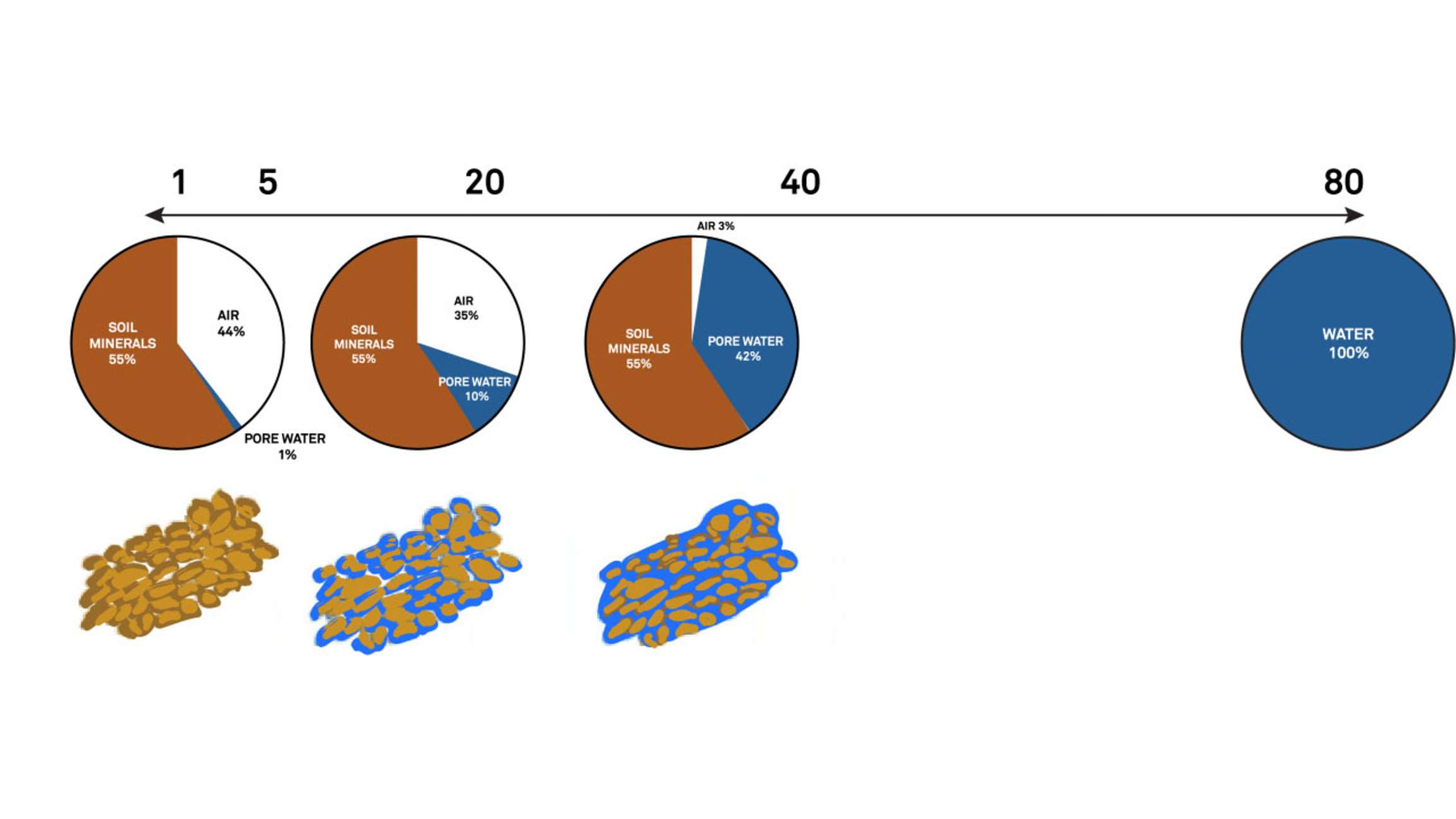 A graphic showing the mixture of solids, liquids, and gasses in soil