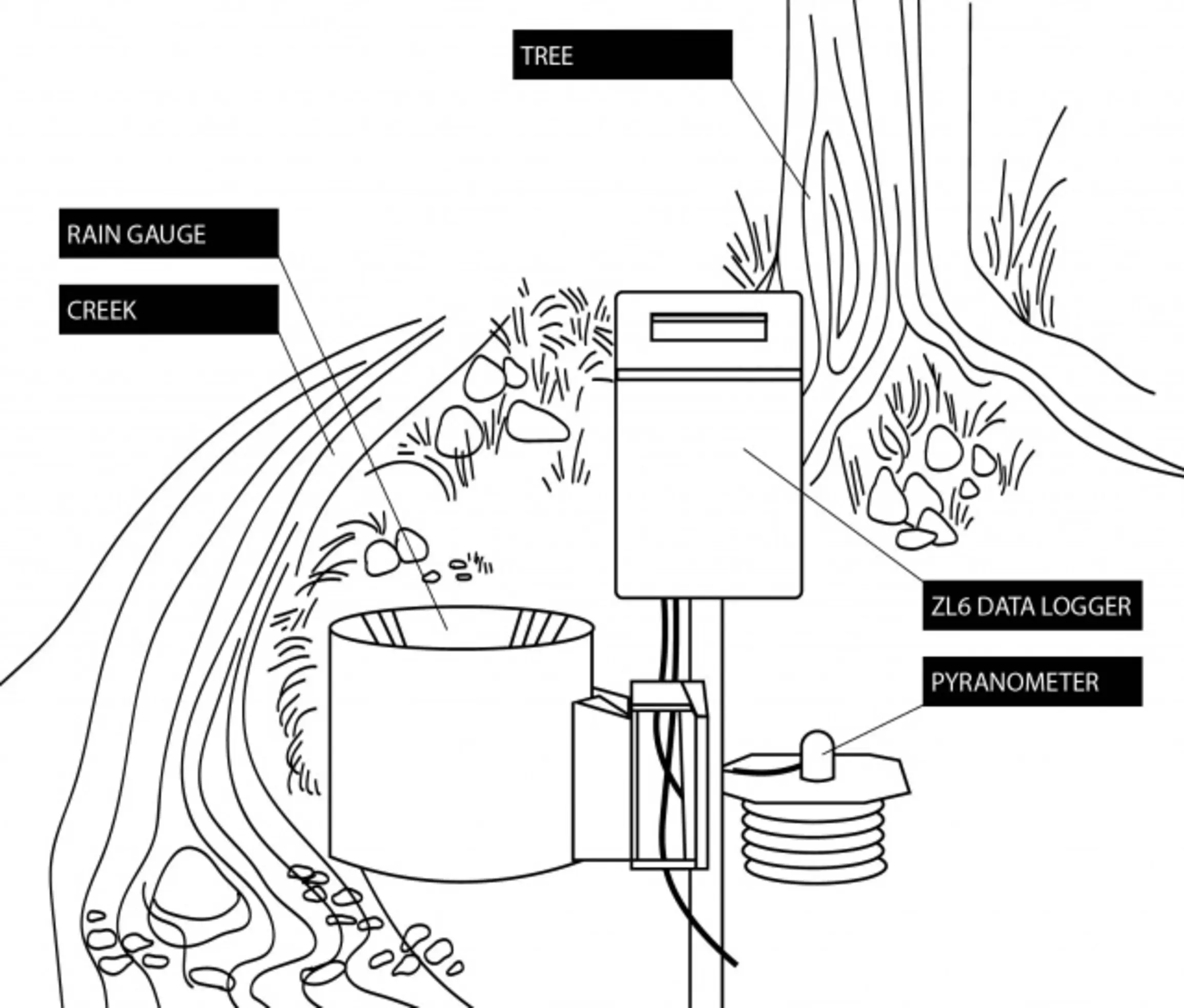 An illustration of the data logger and tree are obstructing the weather instruments