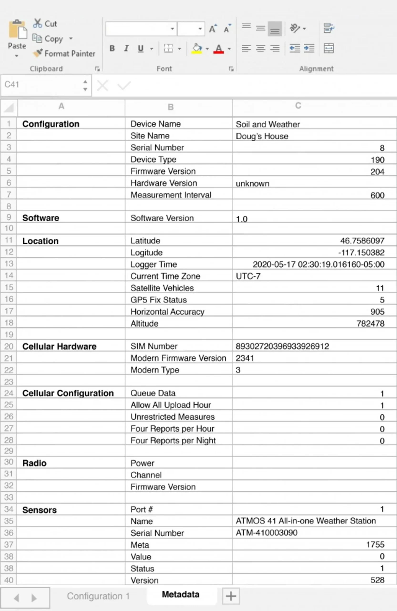 A screenshot of metadata downloaded from ZENTRA Cloud