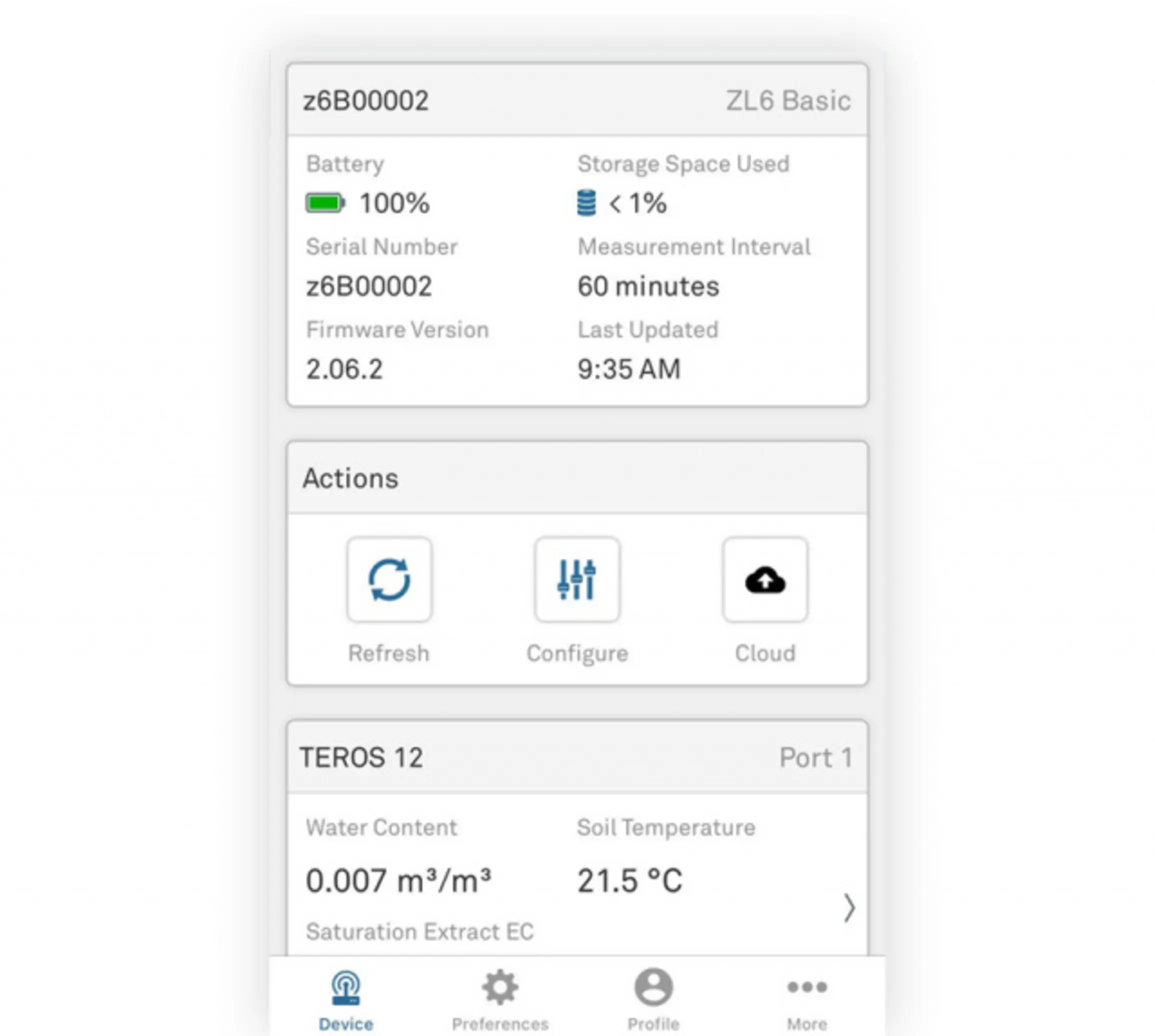 A screenshot of the battery level and other stats of a ZL6 data logger within ZENTRA Cloud