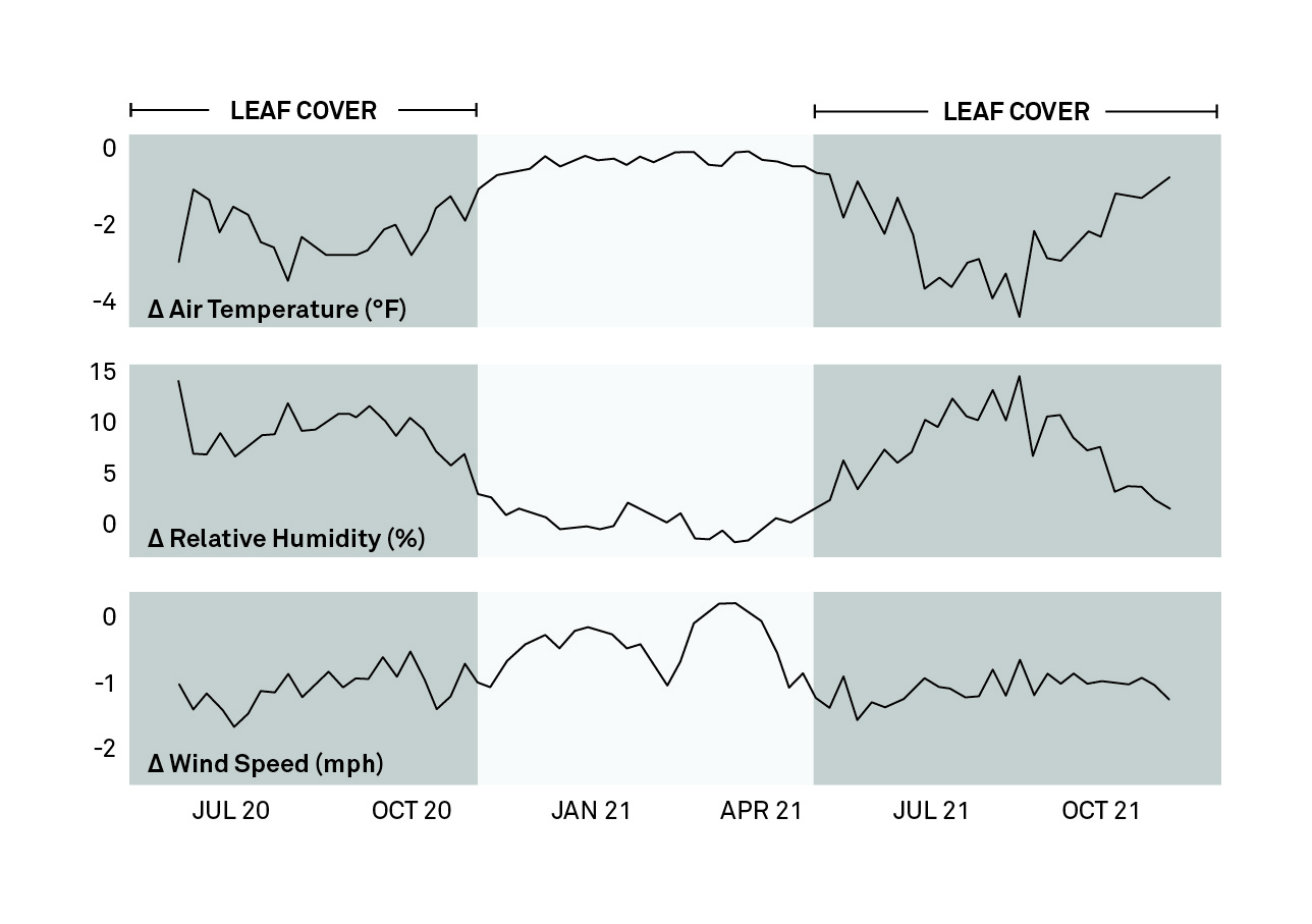 Figure 2. 3 graphs showing the changes in temperature, relative humidity, and wind speed within a canopy of an apple orchard highlighting the shift in measurements between when leaf cover is present and not present.