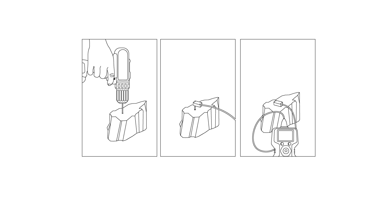 Figure 8. A series of photographs showing the process of collecting a thermal conductivity measurement from rock with the RK-3 probe connected to the TEMPOS