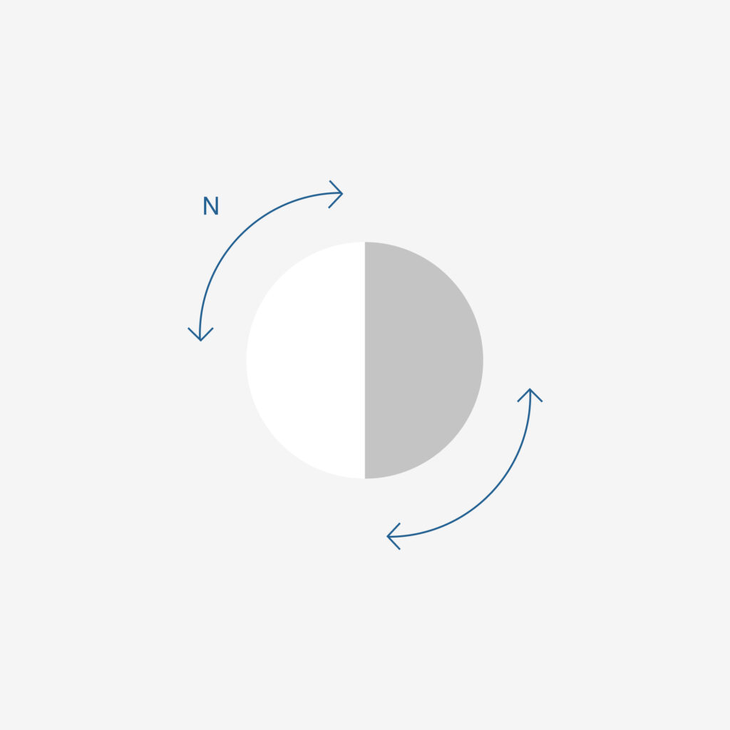 An illustration that shows a circle with a dividing line down the middle. The left side is white, the right is grey with arrows around the outside of the circle, suggesting the idea of direction orientation
