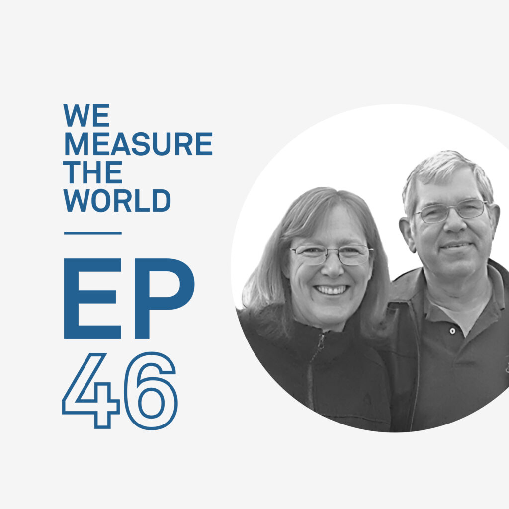 A photo of Drs Lorrie and Alan Flint next to the words We Measure the World EP 46